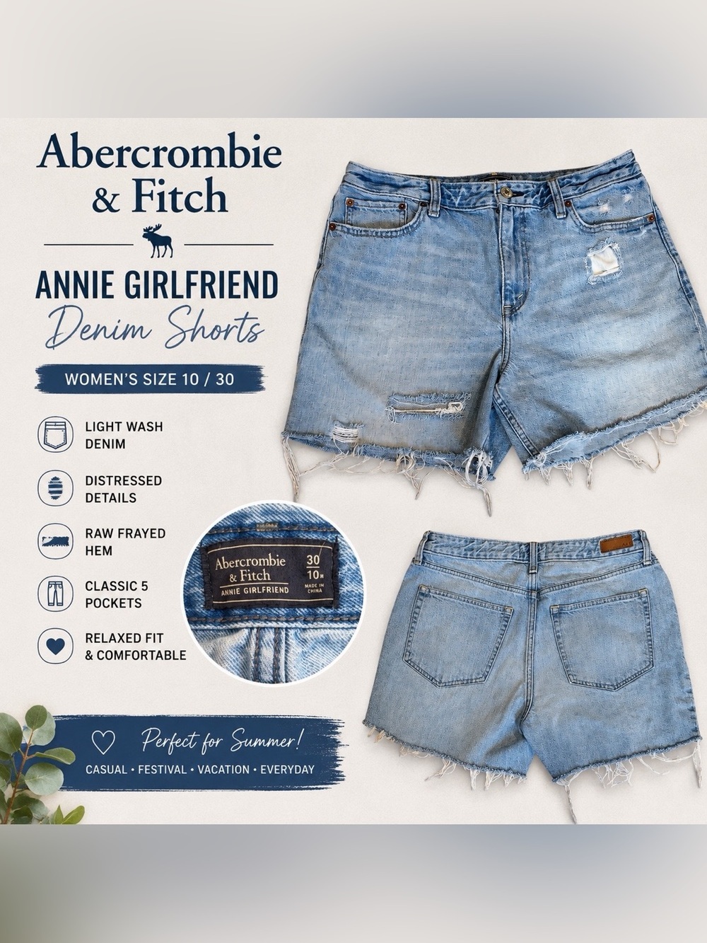 Abercrombie & Fitch Annie Girlfriend Distressed Denim Shorts – Size 10 / 30
